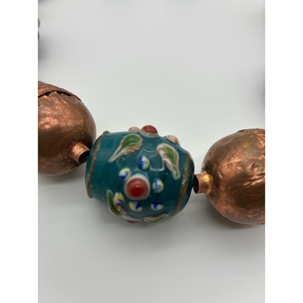Vintage Lampwork Glass & Copper Bead Necklace Earring Set Teal Blue Floral Leaf - Picture 5 of 8